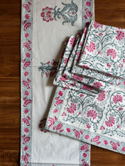 Floral Hand block Cotton Table Set | 6 Placemats + 1 Runner + 6 Napkins
