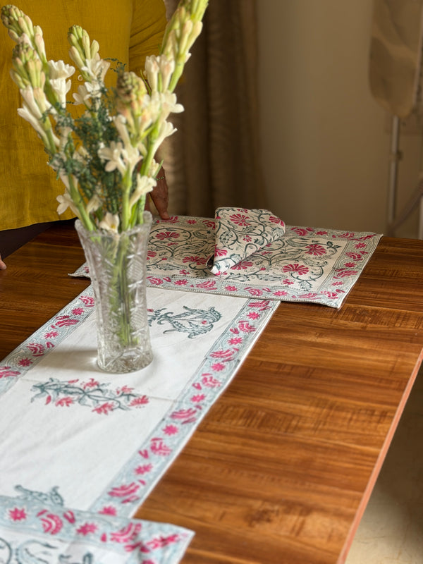 Floral Hand block Cotton Table Set | 6 Placemats + 1 Runner + 6 Napkins
