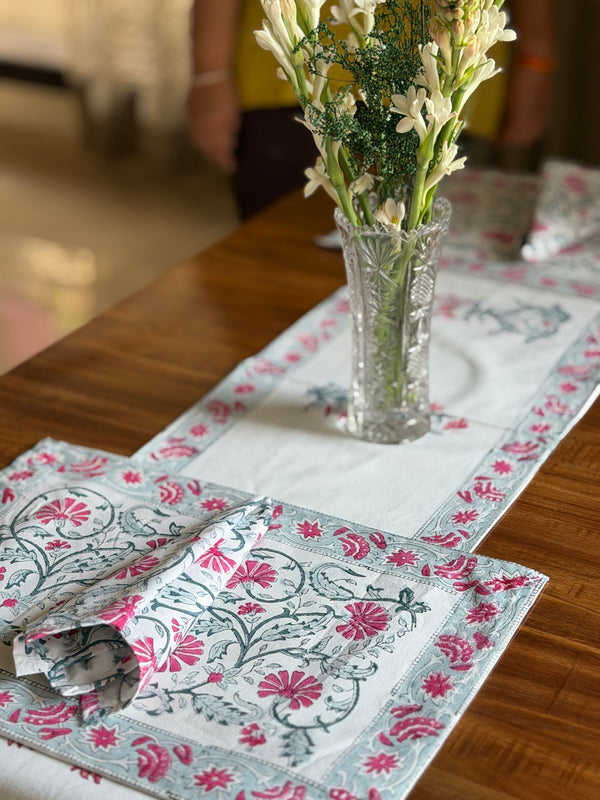 Floral Hand block Cotton Table Set | 6 Placemats + 1 Runner + 6 Napkins